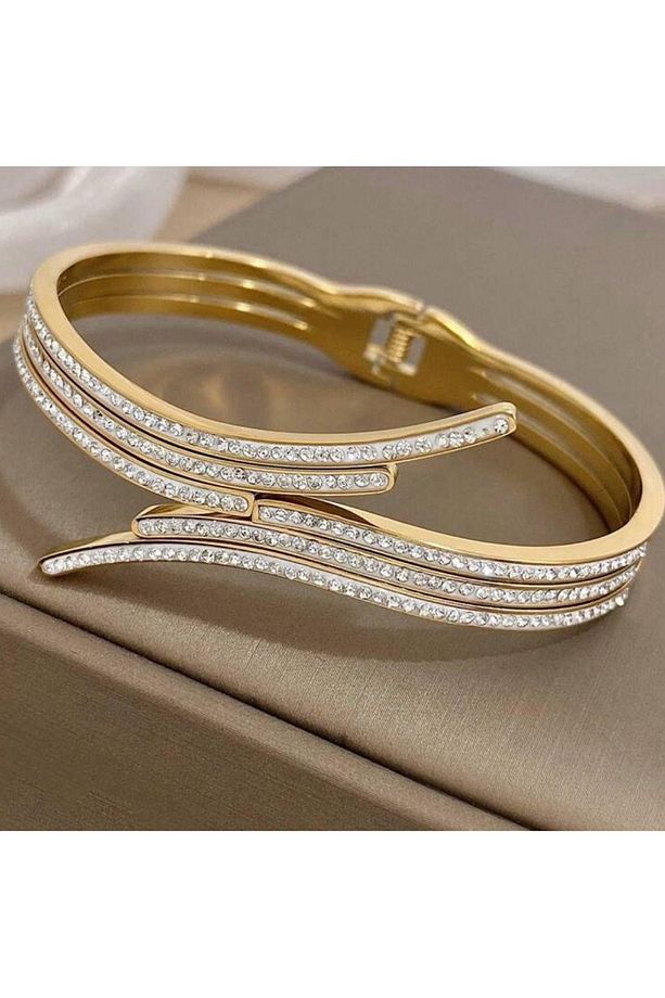 Zirkon Taşlı Gold Tasarım Çelik Kelepçe Klasik - 2