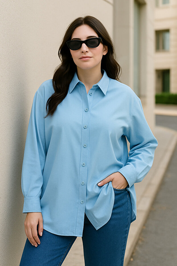 Women's Oversize Loose Cut Linen Shirt - Baby Blue