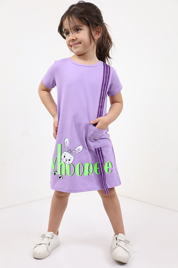 Girl's Pocketed Striped Rabbit Printed Dress