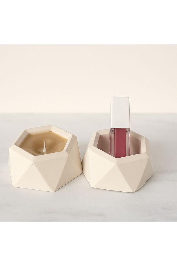 Geometrik Tasarımlı El Yapımı Alçı Biblo Ve Mumluk Seti – Modern Minimal Dekor - 2