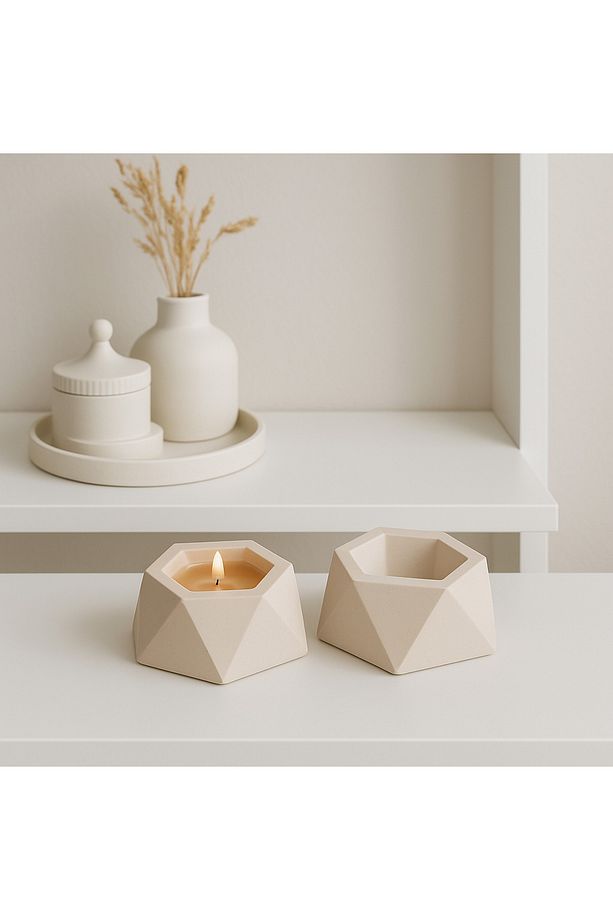 Geometrik Tasarımlı El Yapımı Alçı Biblo Ve Mumluk Seti – Modern Minimal Dekor - 1