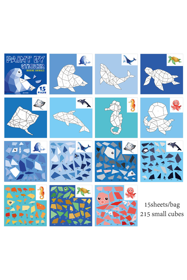S23740-1 2Style 15Pcs/book Land Animals and Sea Creatures Theme Sticker Book DIY Free Collage Puzzle