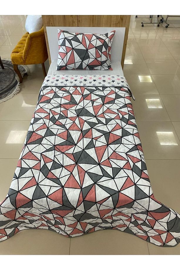 Gri Yıldız Desen Yastık Kılıflı Tek Kişilik 155*215 Çift Yönlü Çok Amaçlı Yatak Örtüsü - 2