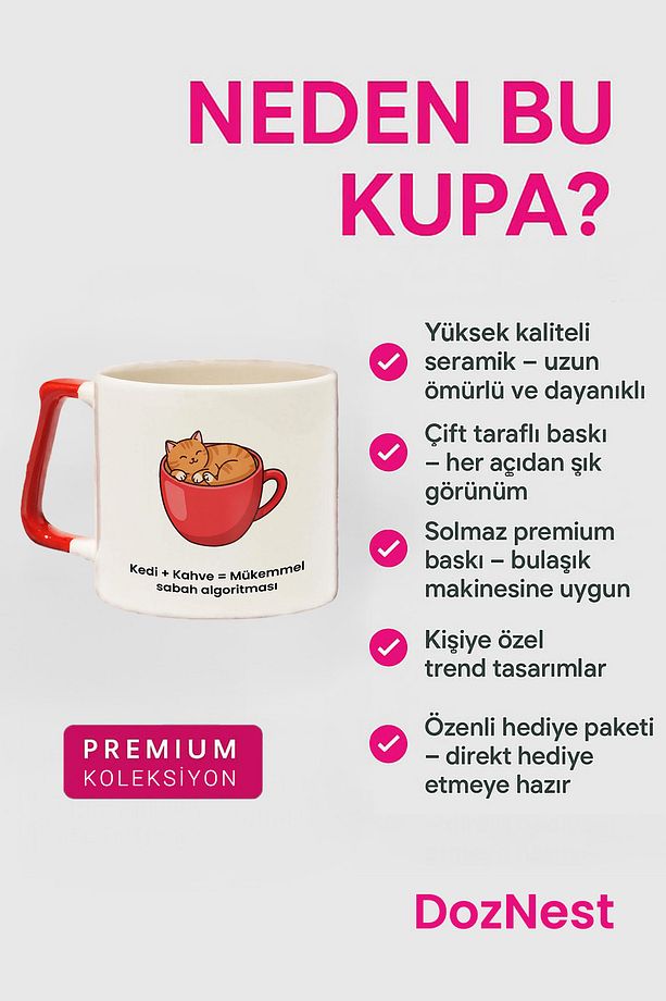 "Kedi + Kahve = Mükemmel sabah algoritması" Yazılı Kırmızı Kulplu Kupa Bardak - Hediyelik Kupa DZA26 - 3