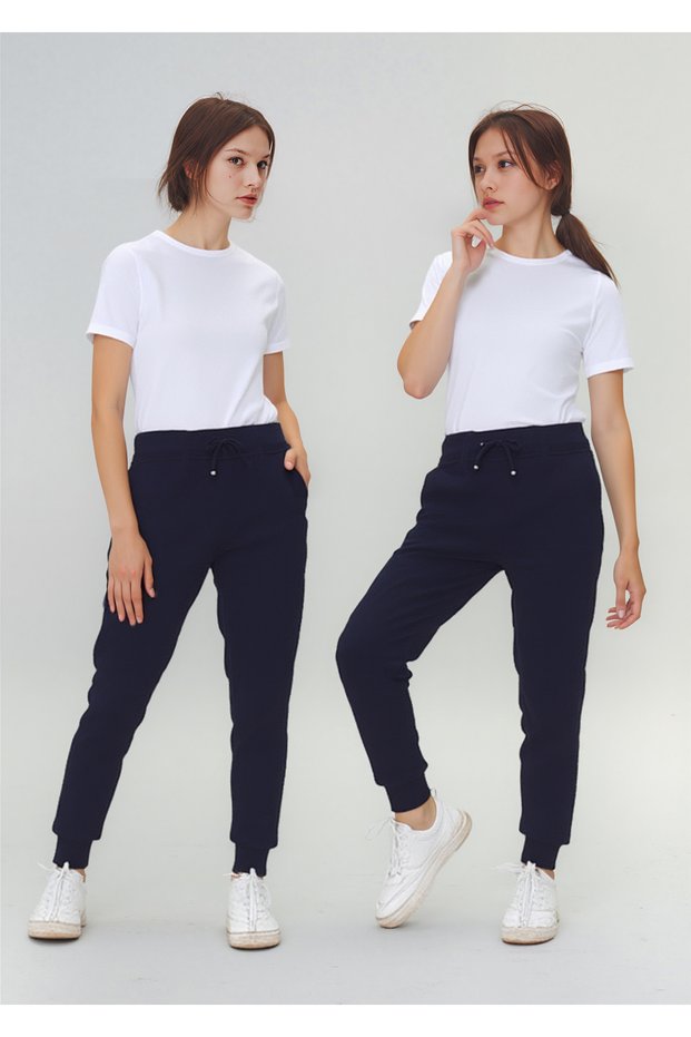 Girls' Navy Blue School Trousers 100% Cotton Elastic Waist and Leg Relaxed Fit