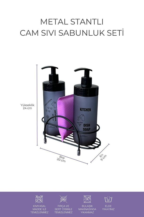 Cam Sıvı Sabunluk Seti 500 ml | Mutfak Tezgah Üstü Siyah Standlı Ikili Deterjanlık - 6