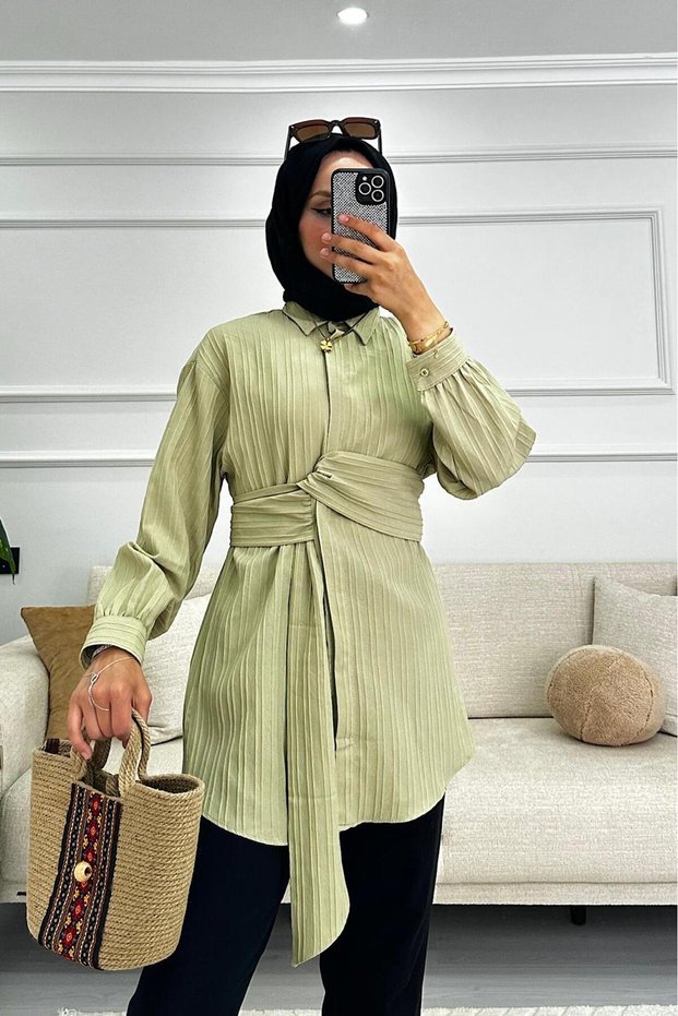 Women's Belt Detail Long Sleeve Hijab Shirt Mannequin Height:1.67 Kg:62