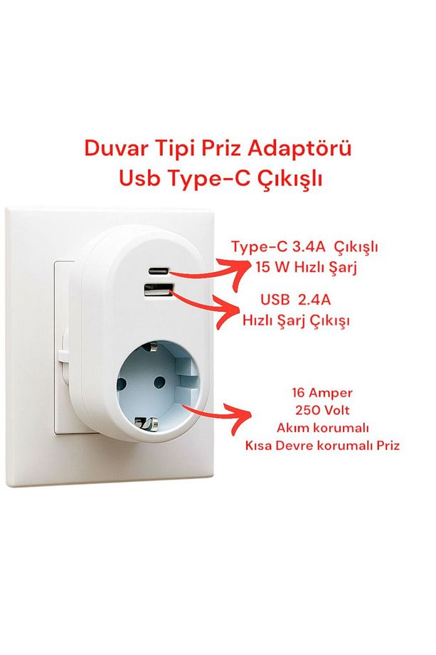 Tek-iş Duvar Tipi Priz Adaptörü | Usb Type-c Çıkışlı, 3.4a Hızlı Akıllı Şarj Özellikli - 2