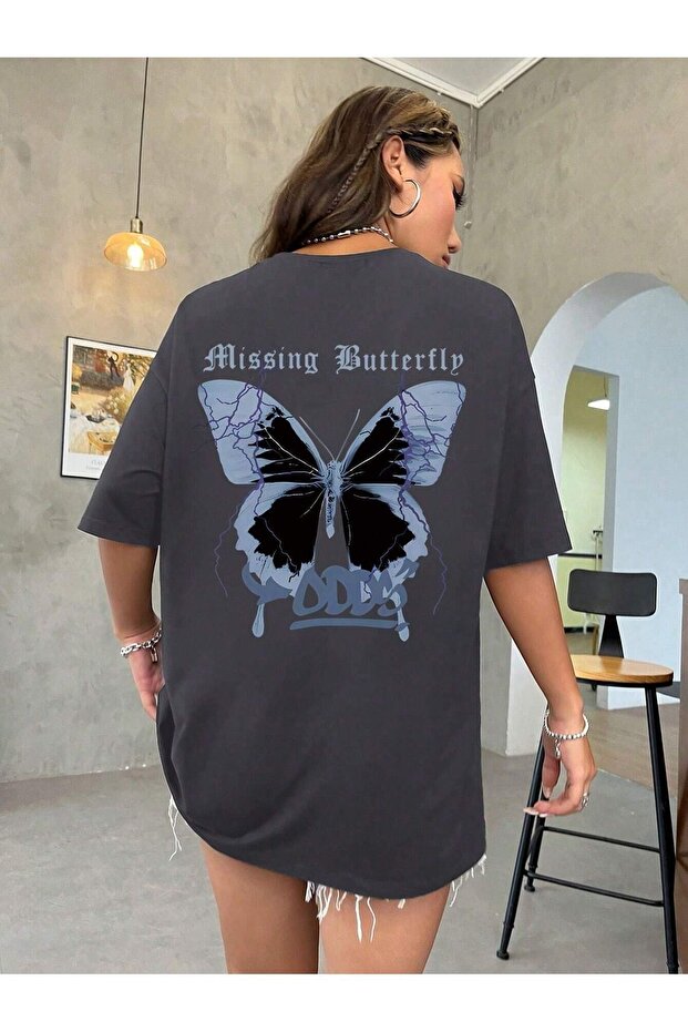 Missing Butterfly Single Jersey T-Shirt - Smoke Printed Oversize Crew Neck T-Shirt