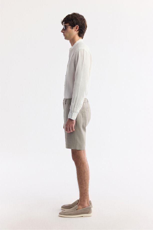 Erkek Gri Relaxed Fit Beli Lastikli %100 Keten Assos Şort B003732 - 2