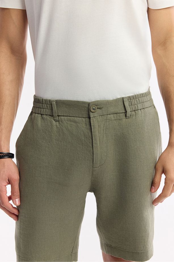 Erkek Haki Relaxed Fit Beli Lastikli %100 Keten Assos Şort B003732 - 4