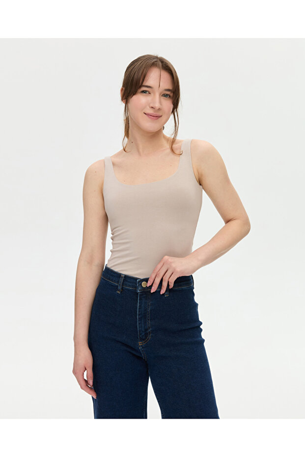 Stone Color Women's Organic Cotton Self-Bra Back Low-cut Thick Strap Tank Top