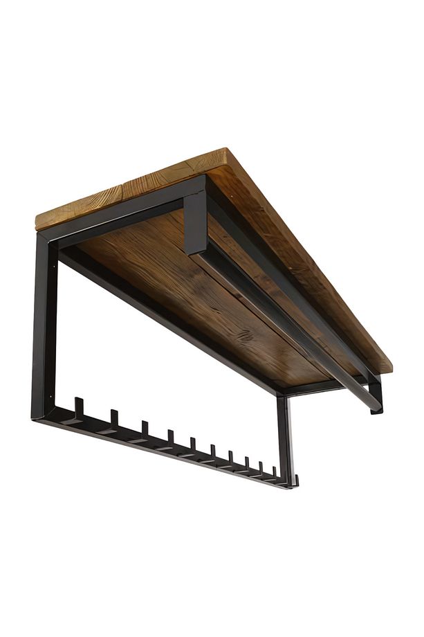 Dekoratif Demir Raflı Duvar Askısı - Ahşap Tabla Metal Askılık - Elbise Askısı - Modern Design - 3