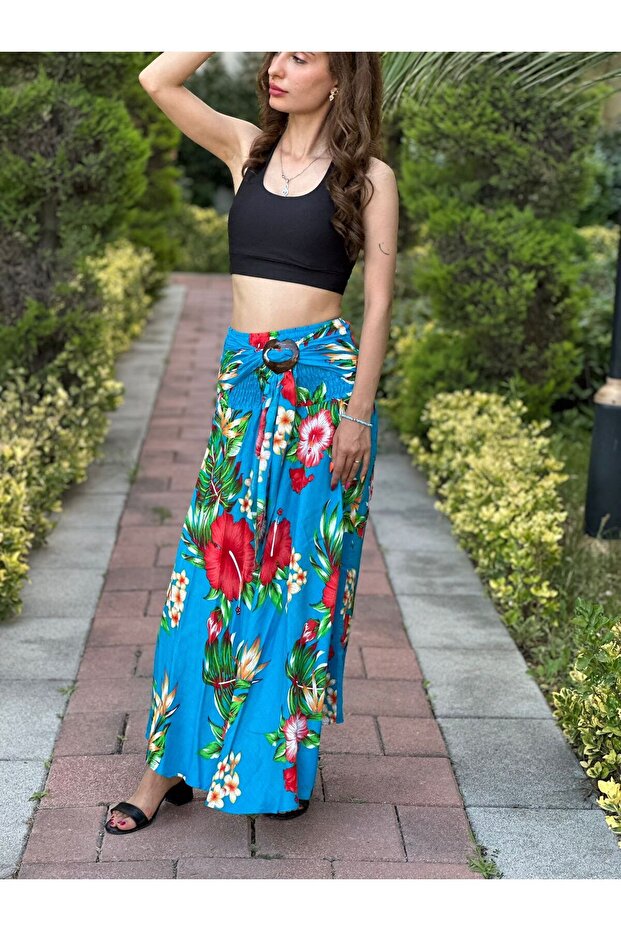 Bamboo Belt Elastic Flowered Spanish Women's Long Skirt