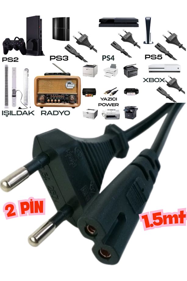 🔌 1.5 Metre Power Güç Kablosu | Ps2-ps3-ps4-ps5-xbox-tv-teyp-ışıldak-yazıcı Fişi Uyumlu - 5