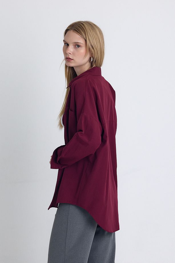 Bordo Çift Cepli Oversize Uzun Basic Gömlek Tcr 6256a - 4