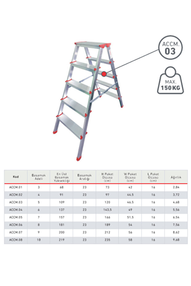 Alüminyum Çift Çıkışlı Merdiven 8 Basamak | Kaymaz Ayaklı | Endüstriyel Tip - 3