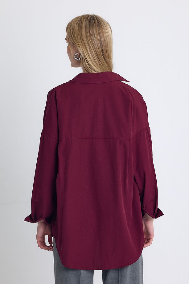 Bordo Çift Cepli Oversize Uzun Basic Gömlek Tcr 6256a - 5