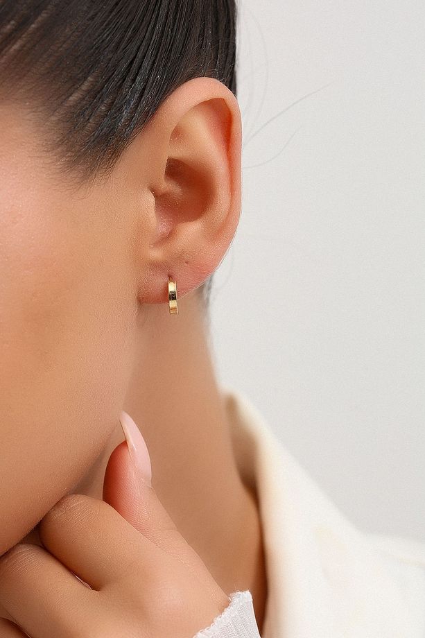 8 Ayar Altın Düz Tek Halka Küpe Gizli Kilitli 1 Cm - 5