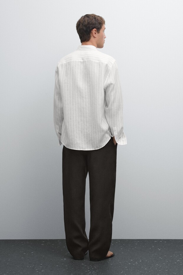 Regular Fit Çizgili Keten Gömlek - 3