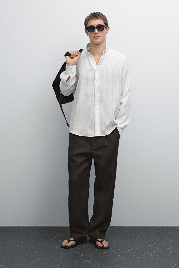 Regular Fit Çizgili Keten Gömlek - 1