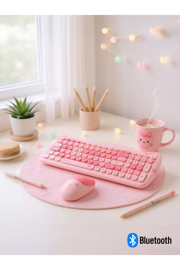 Sevimli Kedi Kablosuz Klavye ve Mouse Seti Bluetooth + 2.4G Dual Mode - 2
