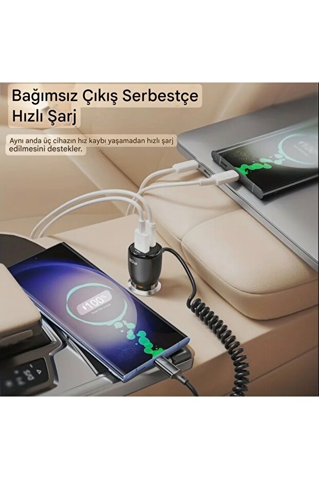Toocki 110W Yaylı Şarj Kablolu 3 Girişli Type-C ve Usb Hızlı CE Lisanslı Orjinal Sağlam Araç Şarj - 3