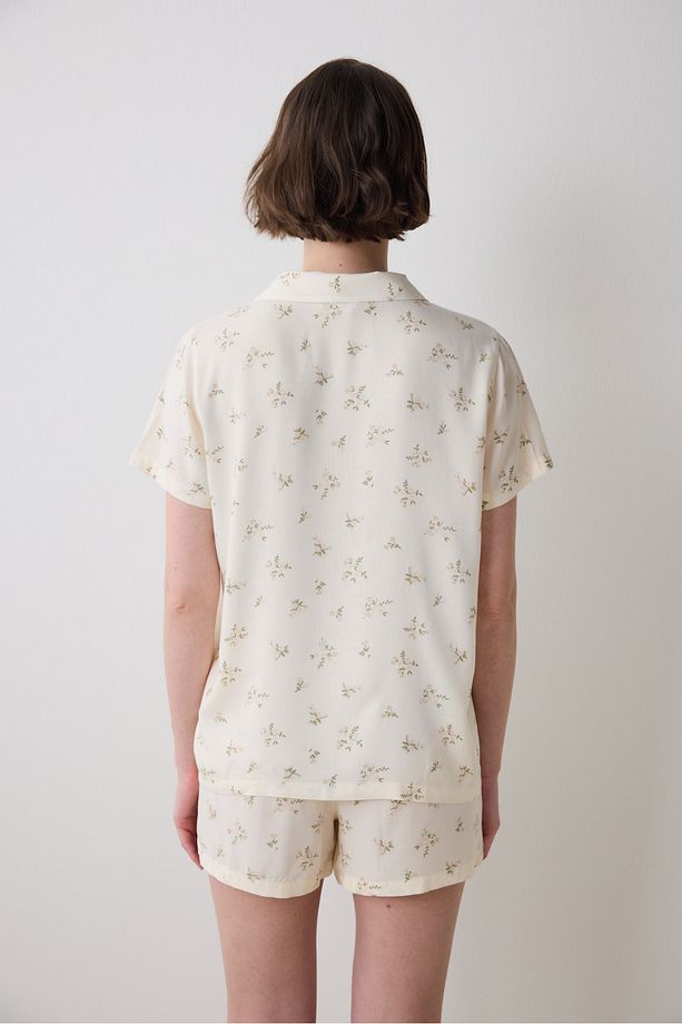 Bloom Printed Gömlek Pantolon Ekru Pijama Takımı - 5