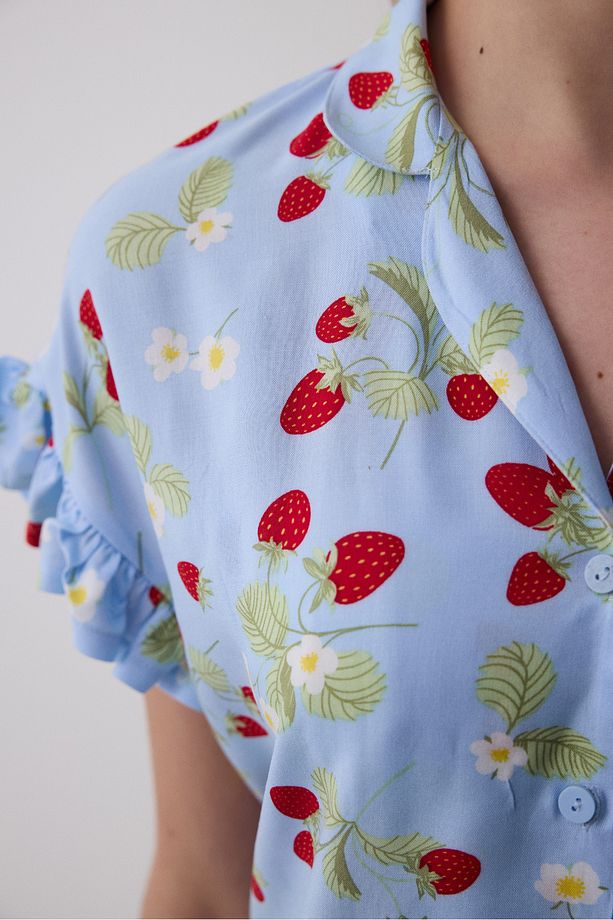 Strawberries Gömlek Şort Açık Mavi Pijama Takımı - 4