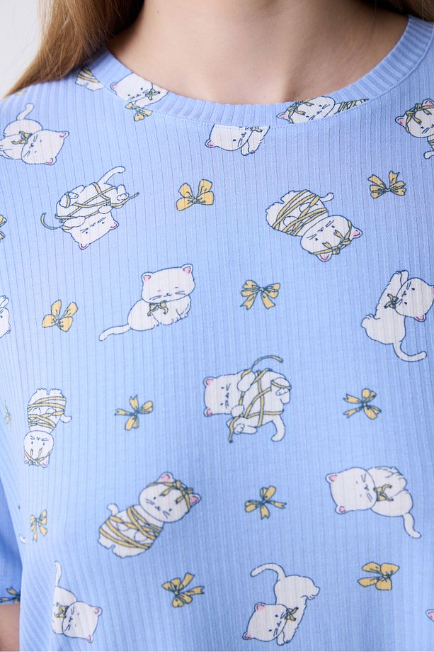 Bowtiful Printed Tişört Açık Mavi Pijama Üstü - 3