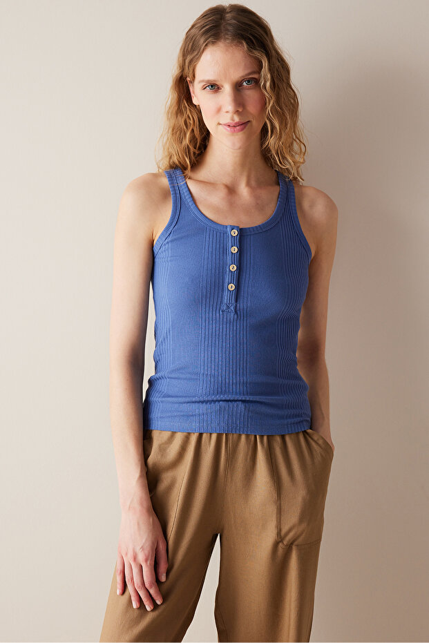 Button Detailed Buttoned Blue Top - 1