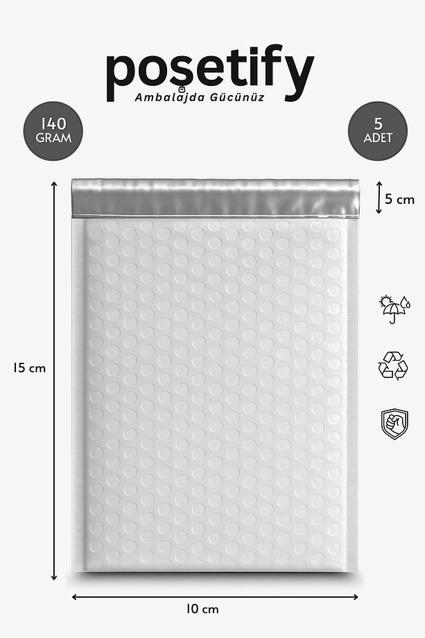 Balonlu Beyaz Kargo Poşeti 10x15+5 cm | 140 gr Bantlı Patpatlı Kargo Poşeti | 5’li E-Ticaret Poşeti - 1