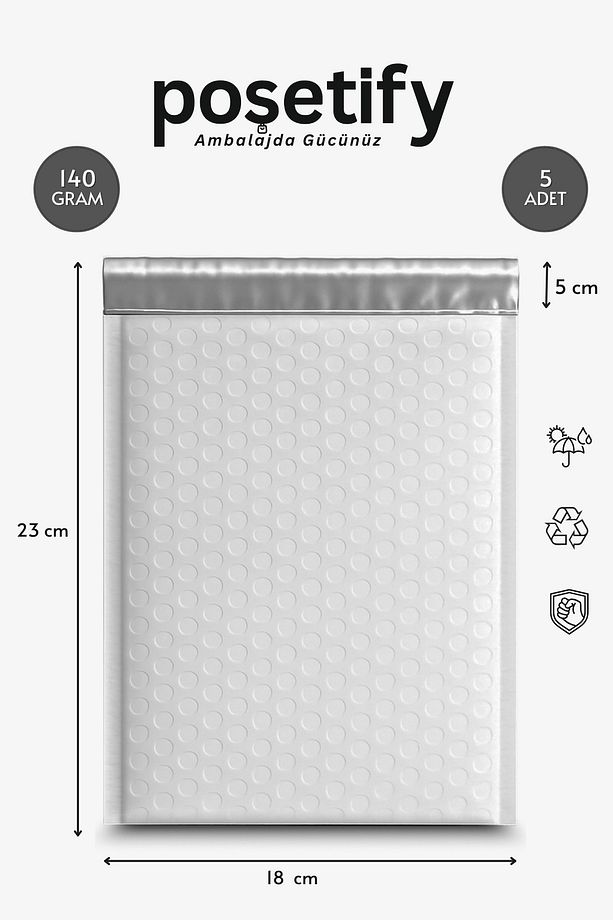 Balonlu Beyaz Kargo Poşeti 18x23+5 cm | 140 gr Bantlı Patpatlı Kargo Poşeti | 5’li E-Ticaret Poşeti - 1