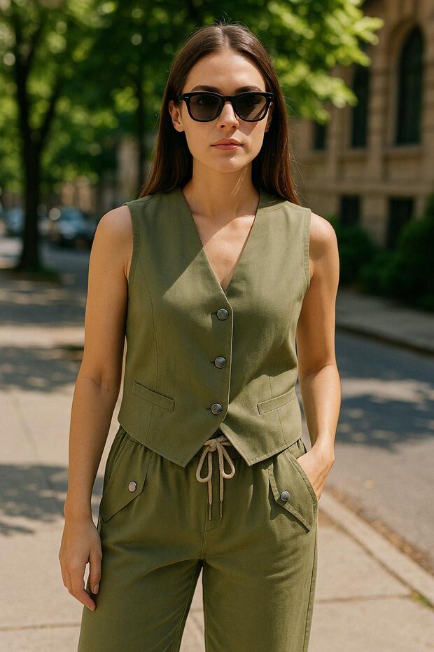 Linen Suit - Khaki Vest & Trousers Double Combination - Modern Fit Summer Stylish Suit