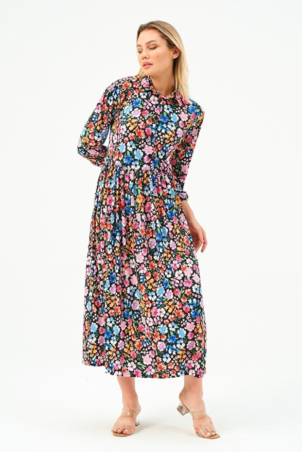 Rochie lungă, solidă, cu mânecă lungă, guler, cu nasturi - 4