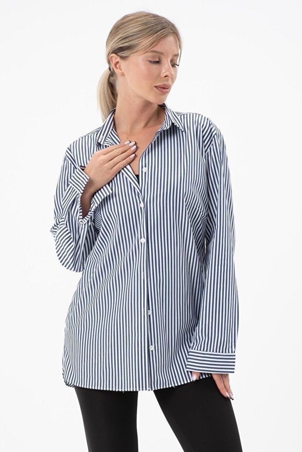 قميص نسائي منقوش بلون سادة - 1