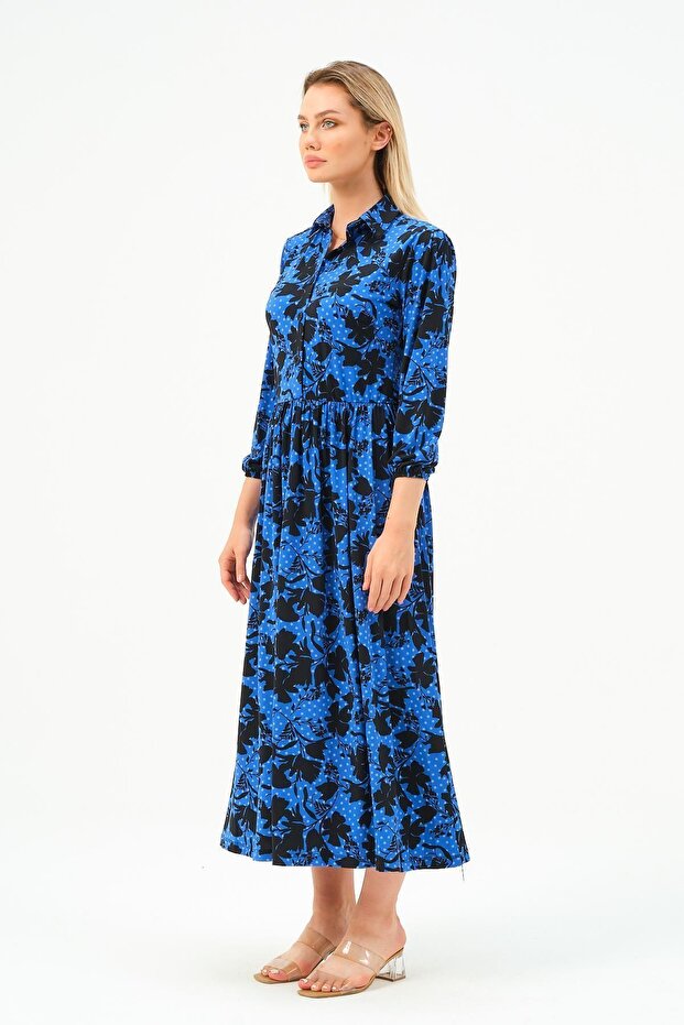 Rochie lungă, solidă, cu mânecă lungă, guler, cu nasturi - 3