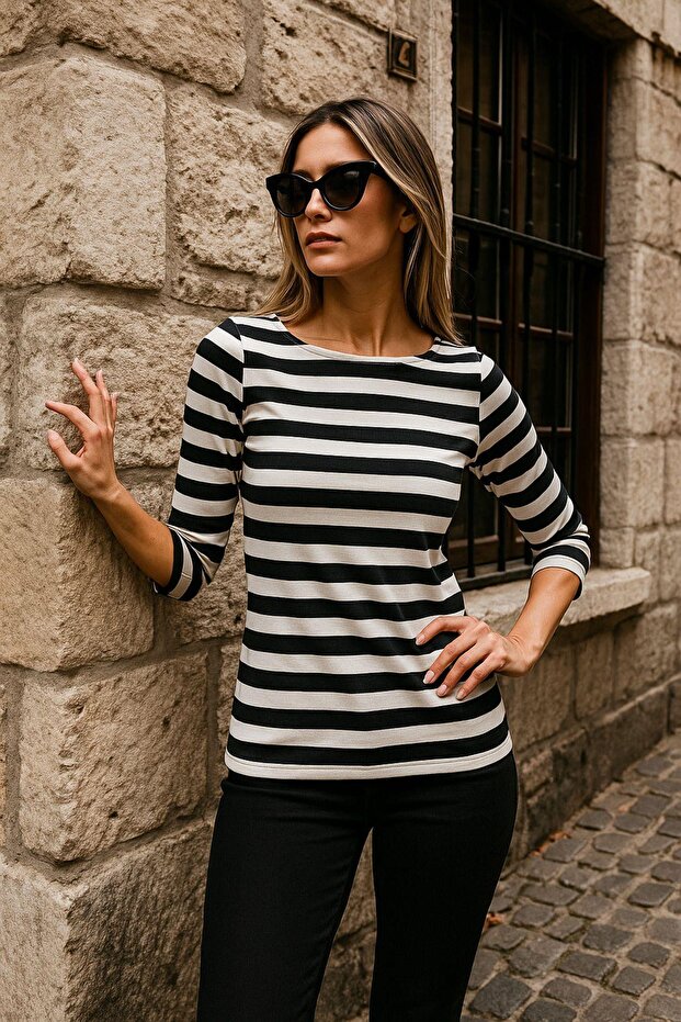 Women's Striped Basic Blouse - Black-White 3/4 Sleeve - Daily Casual Stylish Combination - New Season Trend