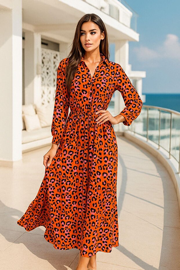Women's Orange Long Length Dress - Button up Leopard Print Elegant Dress