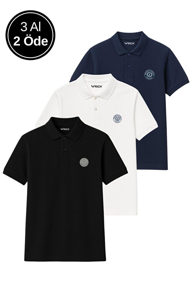 Men's 3-Pack T-Shirt Relaxed Fit 100% Cotton Polo Collar T-Shirt Black-Navy-White