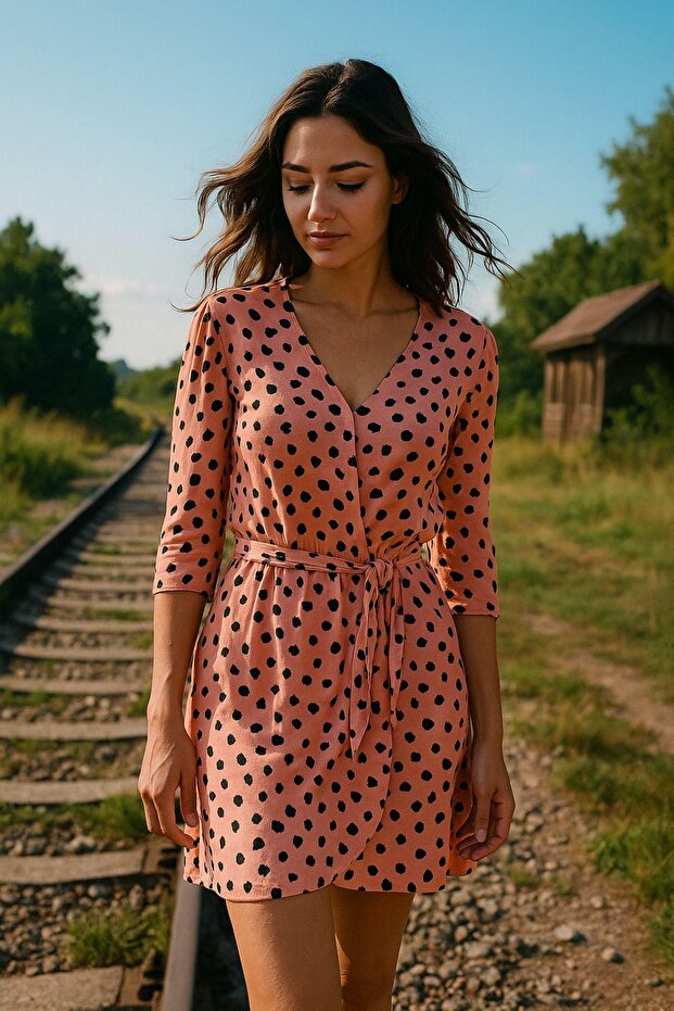 Women's Orange Patterned Double Breasted Collar Summer Mini Dress - Elastic Waist, Short Sleeve Casual Dress