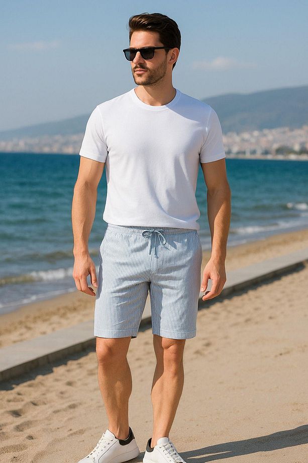 Erkek Yazlık Jakarlı Şort – Beyaz Mavi Çizgili, Cepli Model - Yazlık Şort - 6