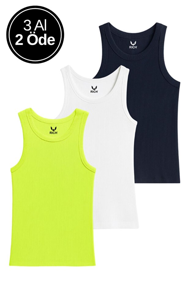 Women's 3 Pack Navy-White-F. Green Zero Sleeve Camisole Body-Crew Neck 100% Cotton Tank Top Blouse