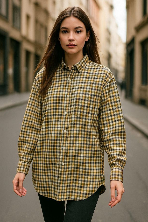 Kadın Sarı Oversize Ekoseli Gömlek Over Fit Relaxed Kareli Gömlek - 3
