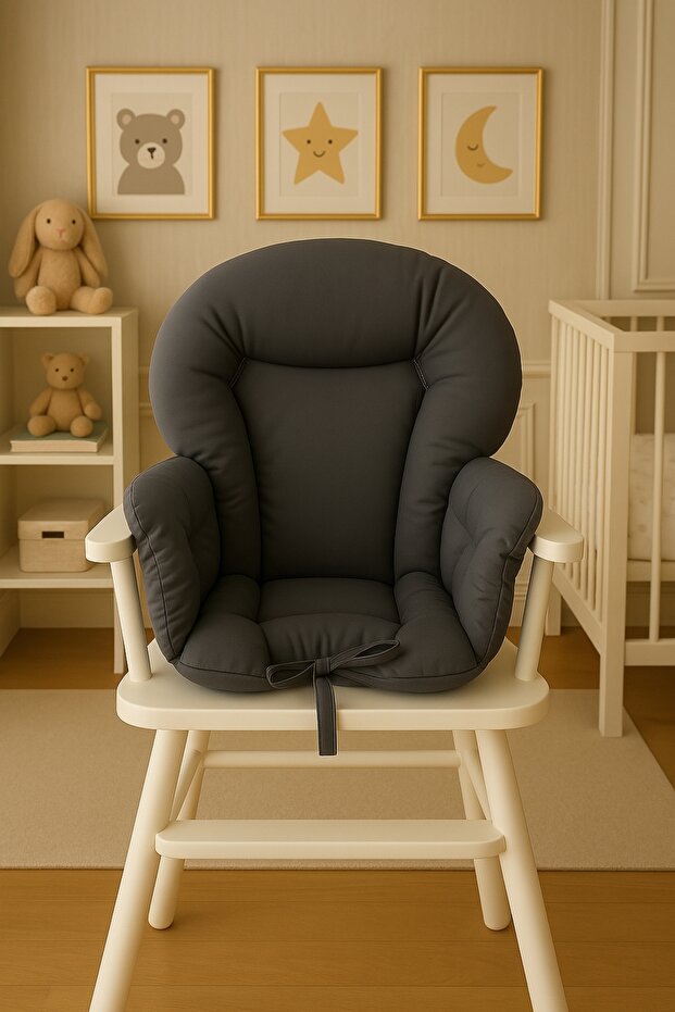100% Cotton Fabric Double Sided High Chair Cushion (Belt Passages Available) Dark Gray