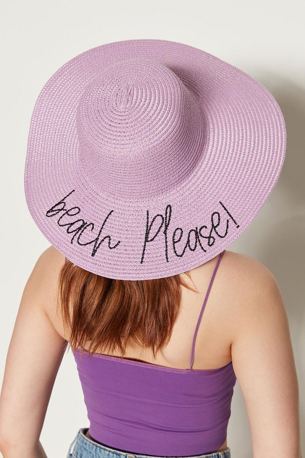 14232-9 Beach Please Yazılı Lila Hasır Kloş Şapka - 5