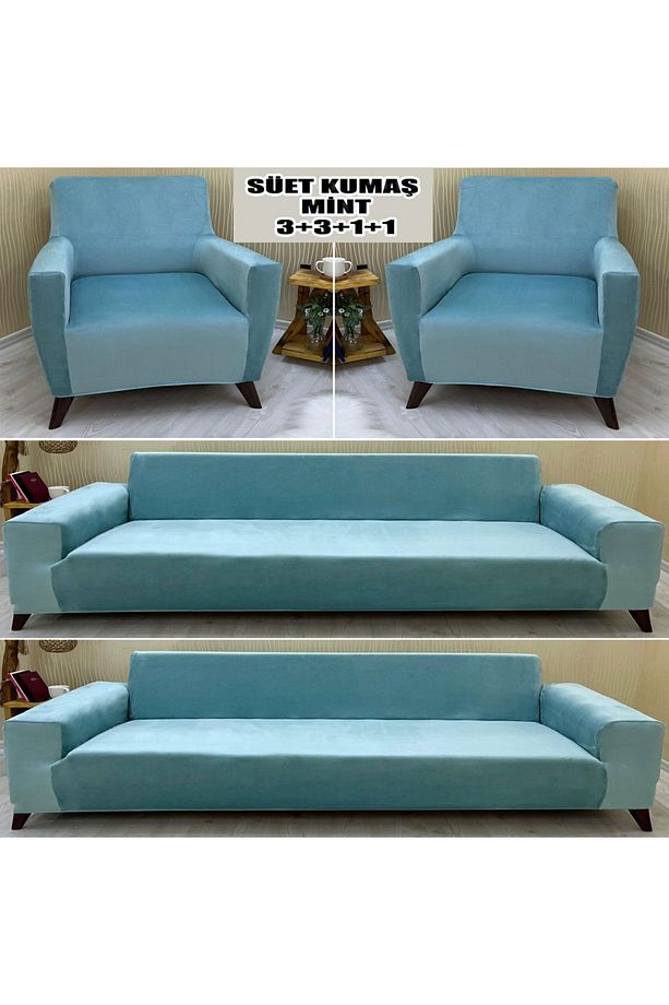 Süet Detaylı Angora Kumaş 2 Adet Üçlü & Çekyat- 2 Adet Tekli Set Koltuk Kılıfı - 1