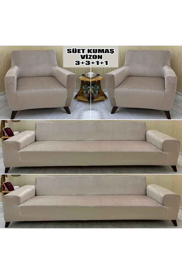 Süet Detaylı Angora Kumaş 2 Adet Üçlü & Çekyat- 2 Adet Tekli Set Koltuk Kılıfı - 1