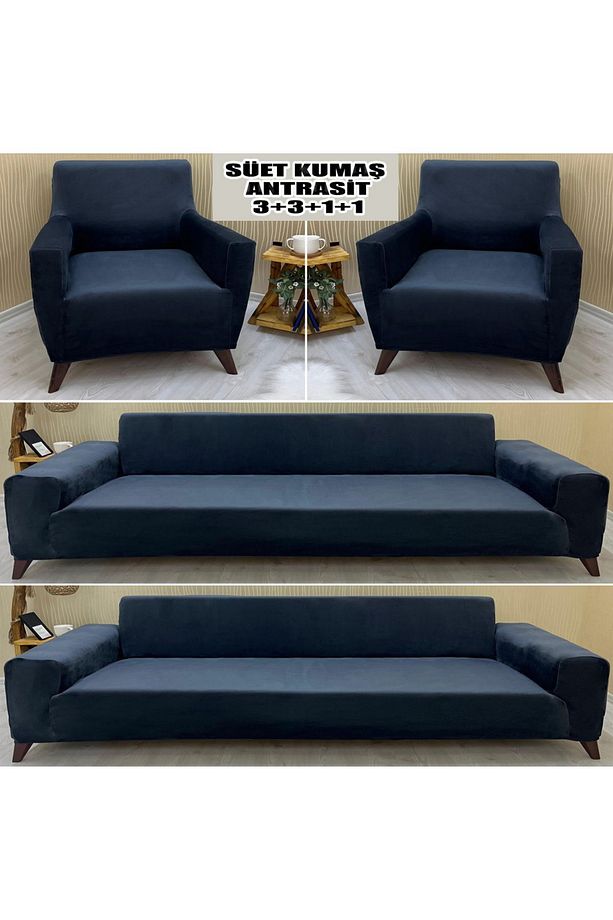 Süet Detaylı Angora Kumaş 2 Adet Üçlü & Çekyat- 2 Adet Tekli Set Koltuk Kılıfı - 1