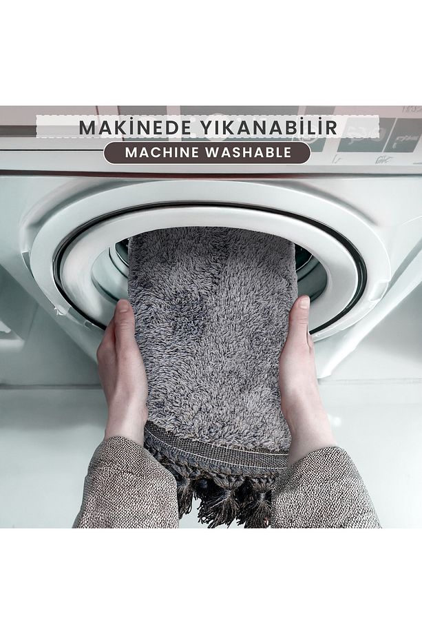 LunaSoft Antrasit İkili Püsküllü Oval Banyo Paspası Kaymaz Tabanlı Lüks Yumuşak Yıkanabilir Modern - 2